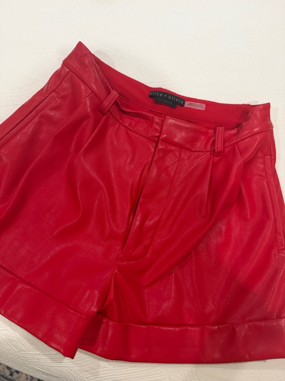 Alice + Olivia Bold Red Faux Leather Cuffed Shorts